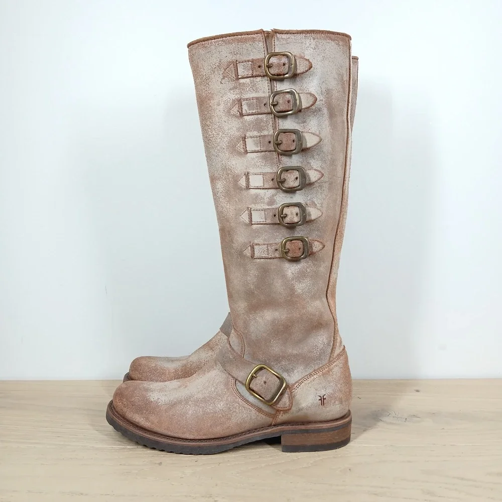 Frye Boots Women 8.5 Beige Leather Knee High Harness Buckle Moto Boho Western